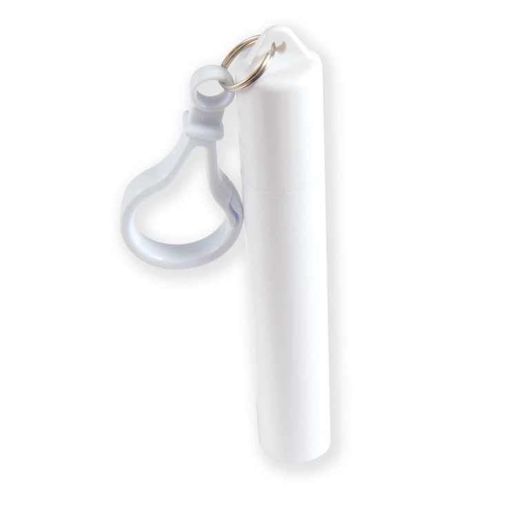 A white telescopic straw in a cylindrical container, featuring a keyring attachment.
