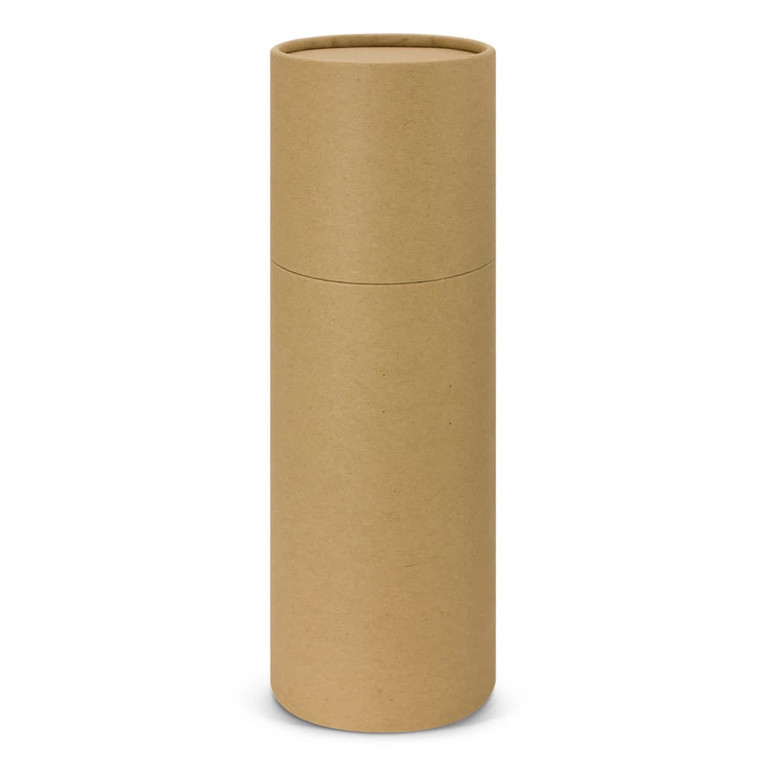 A drink bottle in a cylindrical, kraft paper packaging with a seamless design and an integrated lid.