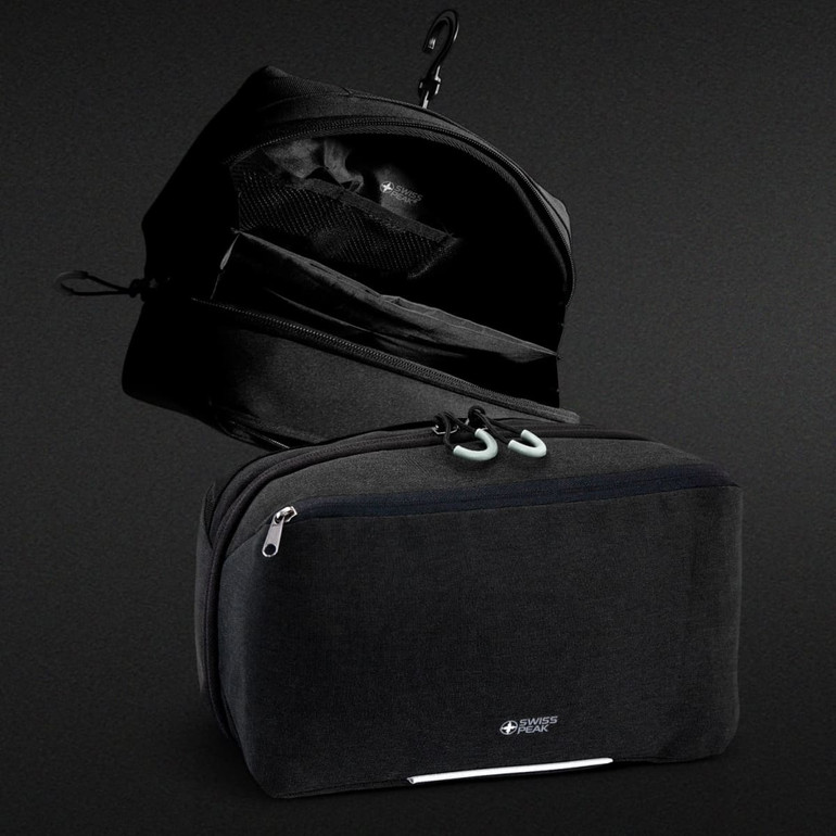 A black Swiss Peak toiletry bag featuring multiple compartments and a hook for hanging. It has a logo on the front.