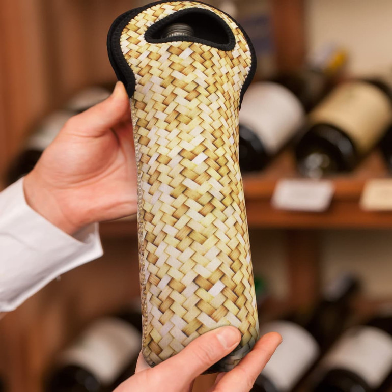 A drink bottle cooler bag in a woven straw design, featuring a black trim and a branded logo.