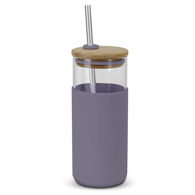 A glass tumbler with a light purple silicone sleeve, a bamboo lid, and a stainless steel straw.
