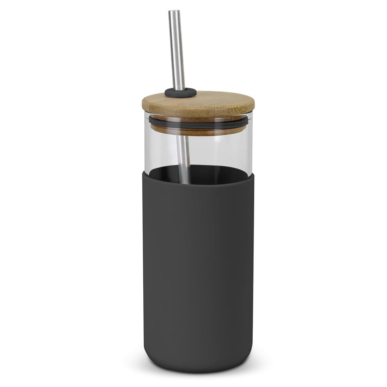 A glass tumbler with a black silicone sleeve, bamboo lid, and stainless steel straw.