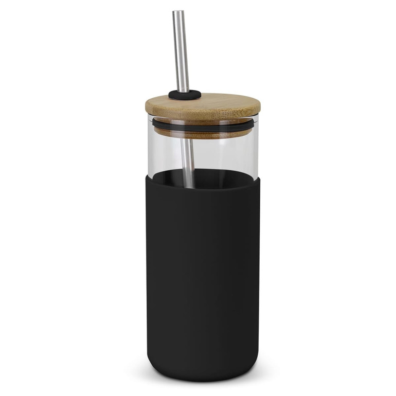 A glass tumbler with a black silicone sleeve, bamboo lid, and metal straw.