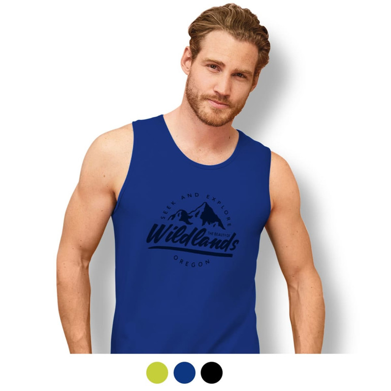 A blue tank top featuring a mountain design and branding, showcasing a classic sleeveless style.