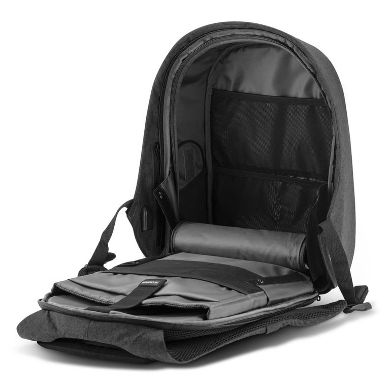 A grey backpack with a spacious interior, featuring compartments and mesh pockets for organisation.