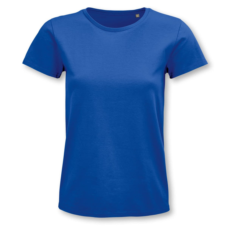 A blue women's organic T-shirt with a round neck and short sleeves. It features a logo on the label.