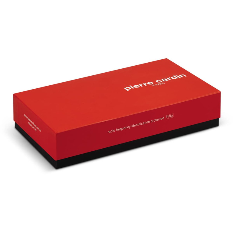 A red gift box containing a Pierre Cardin leather wallet and belt set, featuring RFID protection.