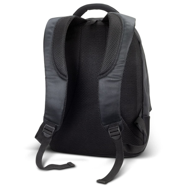A black laptop backpack featuring padded, mesh shoulder straps and a spacious compartment design. It has a logo on the front.