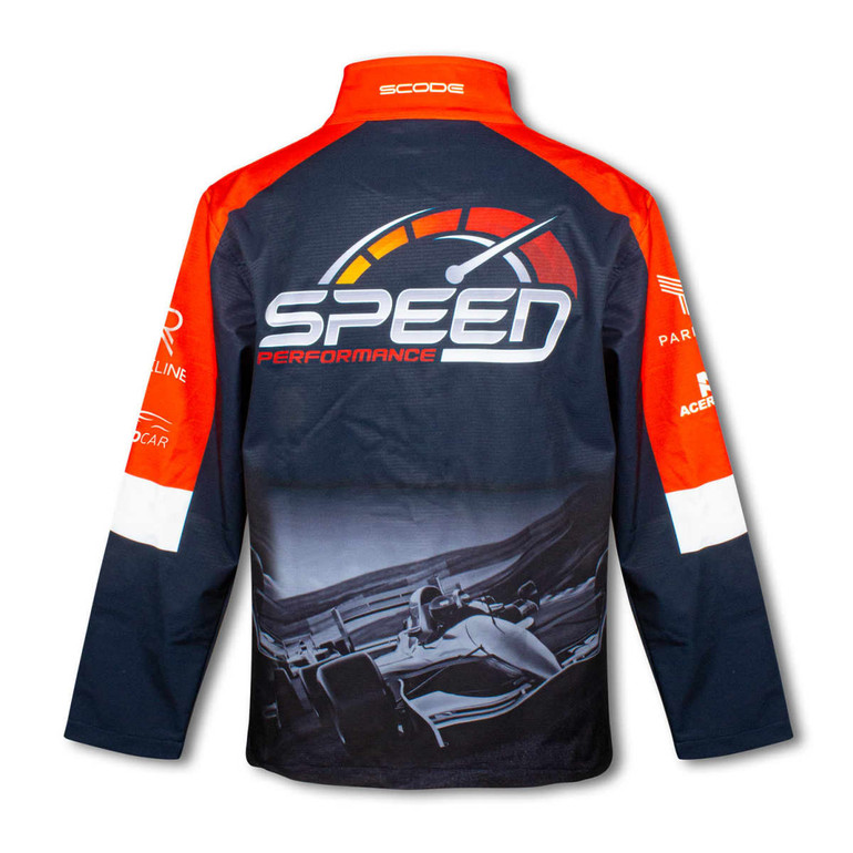 A softshell jacket featuring red and navy colours with a logo and a graphic design on the back.