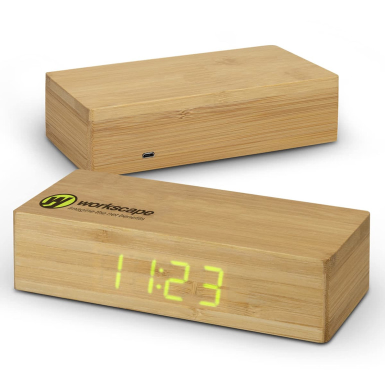 A bamboo wireless charging clock with a digital display, featuring a branding logo on the front.
