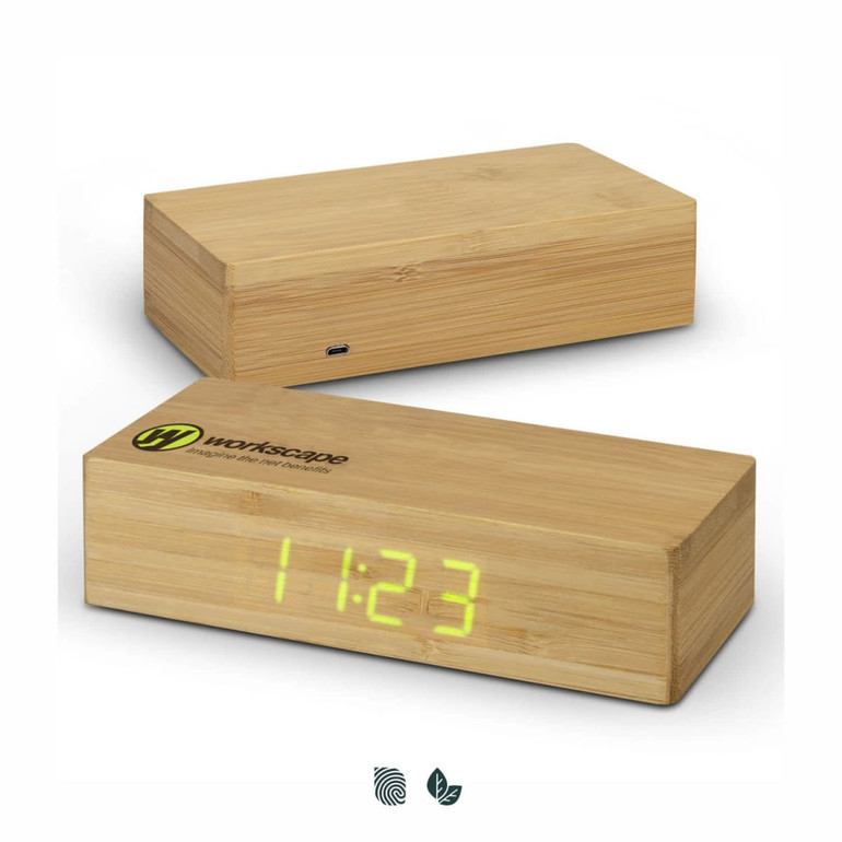 A bamboo wireless charging clock in a rectangular shape, featuring a digital display and a logo.