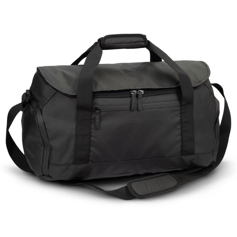 Aquinas 20L duffle bag in black with dual handles and a shoulder strap, featuring a front zip pocket.