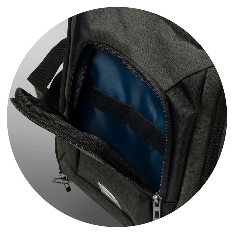A cooler bag in dark grey featuring a zippered compartment and a blue insulated interior. It has a logo.