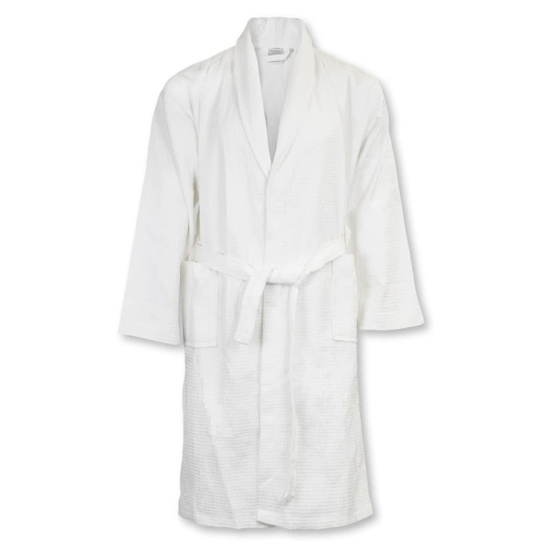 A white waffle bathrobe featuring a tied waist and long sleeves, with a logo on the neckline.