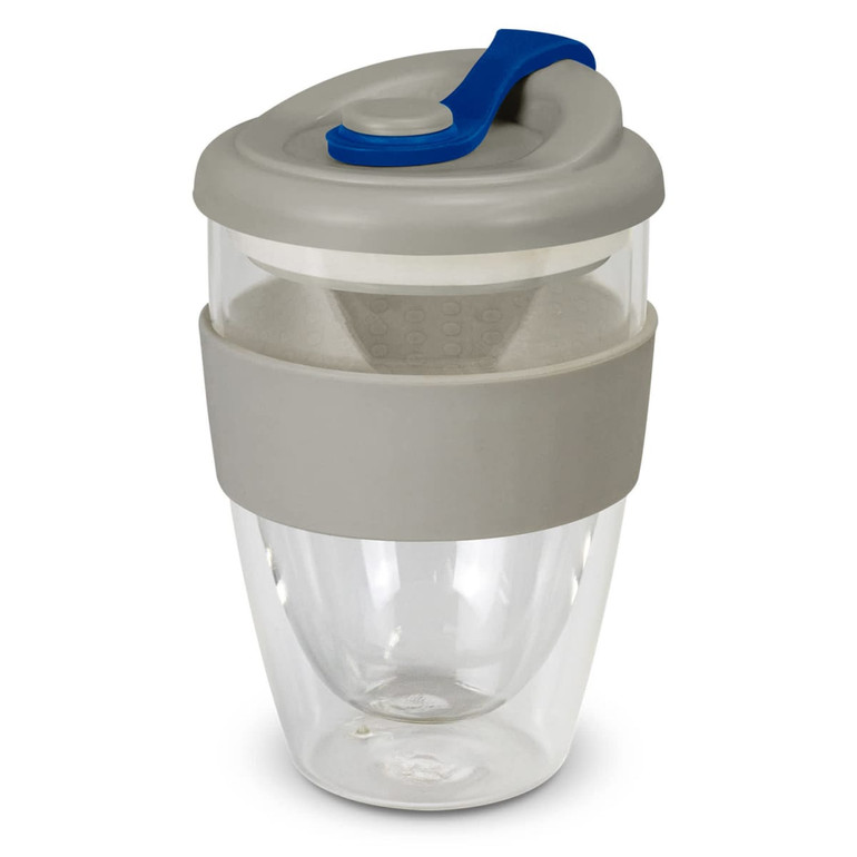 A drink bottle featuring a clear body, grey silicone band, and a blue lid with a handle. It includes a strainer.
