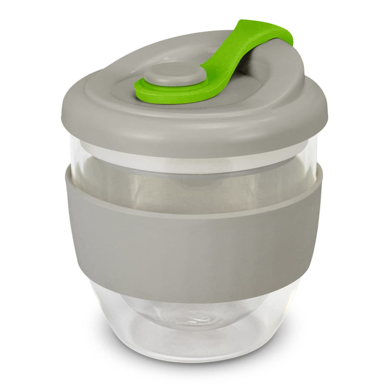 A drink bottle featuring a grey and green design, with a transparent body and a secure lid.