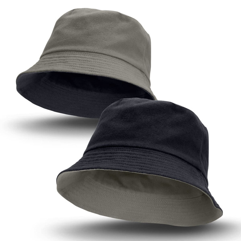 A reversible bucket hat featuring grey on one side and black on the other, with an inner logo.