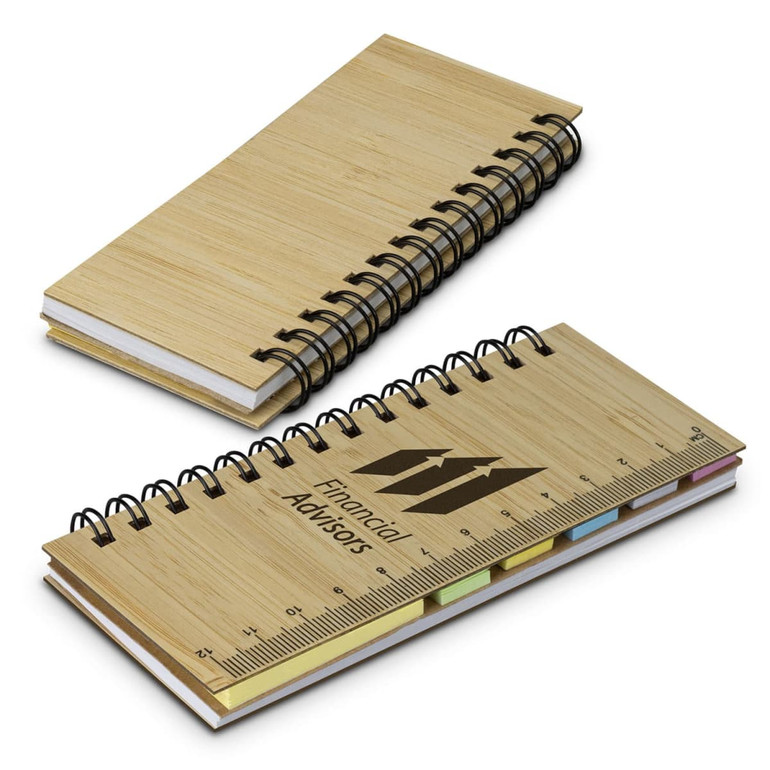 A bamboo sticky note wallet featuring a spiral binding, containing sticky notes in various pastel colours and a ruler design.
