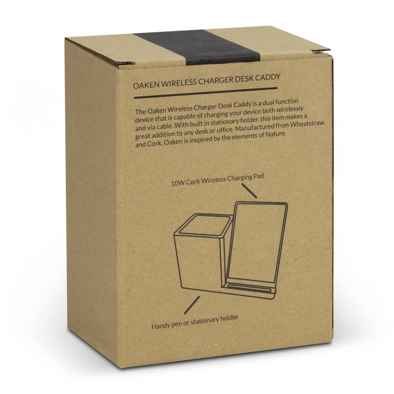 A brown cardboard box containing the NATURA Oaken Wireless Charger Desk Caddy, featuring a cork charging pad and stationery holder.