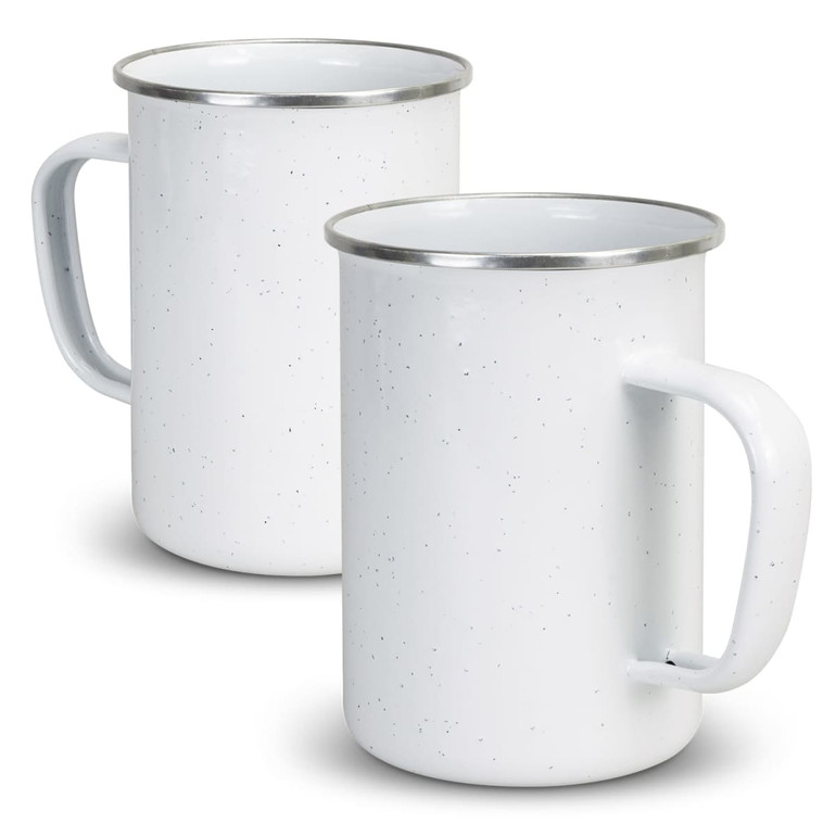 A drink mug set in white with a speckled design and metallic rim, featuring a sturdy handle.