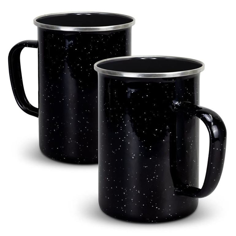 A drinkware set featuring two black enamel mugs with a speckled design and metal rims.