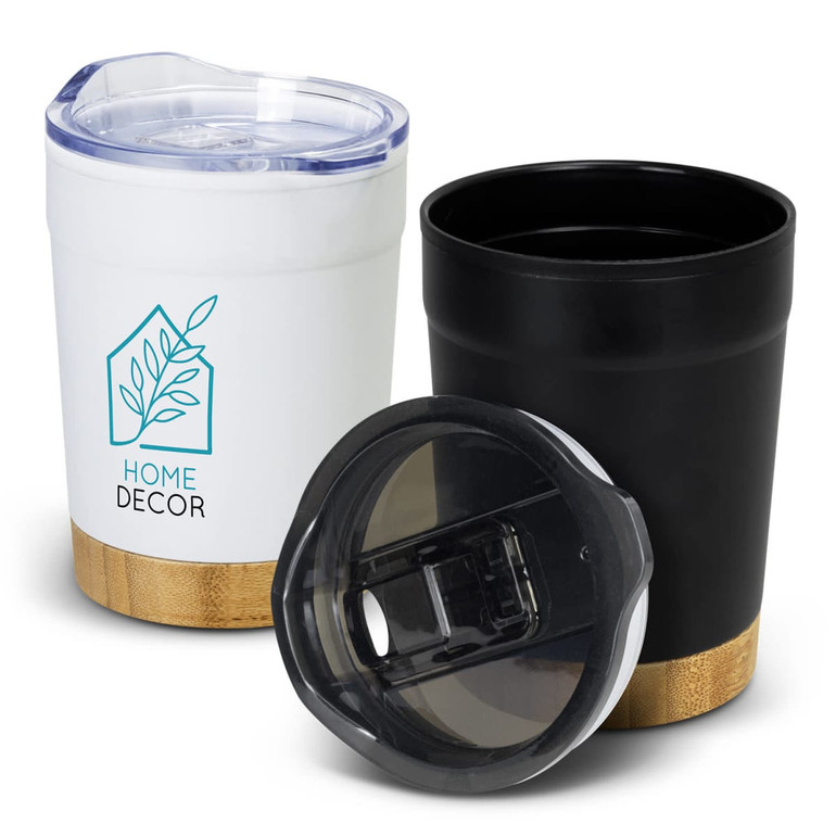 A double wall cup in white and black, featuring a bamboo base and a lid with a logo.