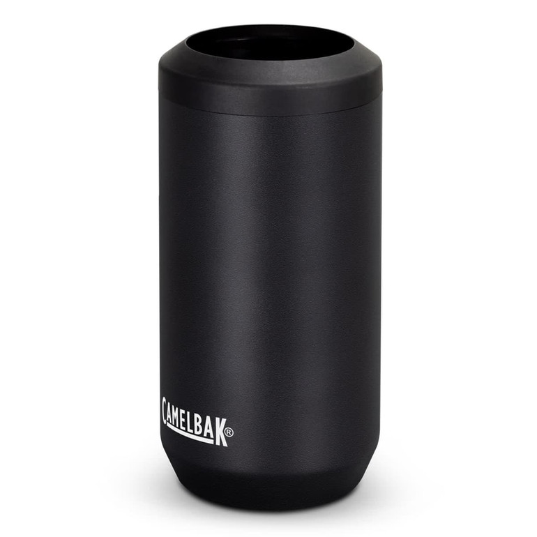 A drink bottle in matte black with a rounded base and a lid, featuring a branding logo.
