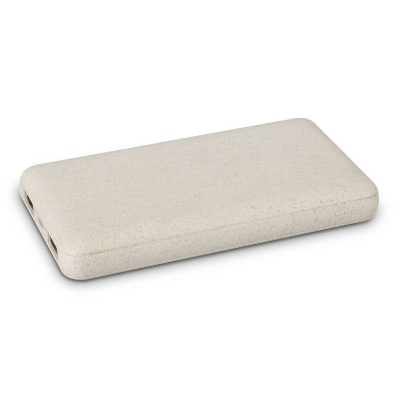 A light grey power bank with a smooth finish and dual USB ports, featuring a subtle branding logo.