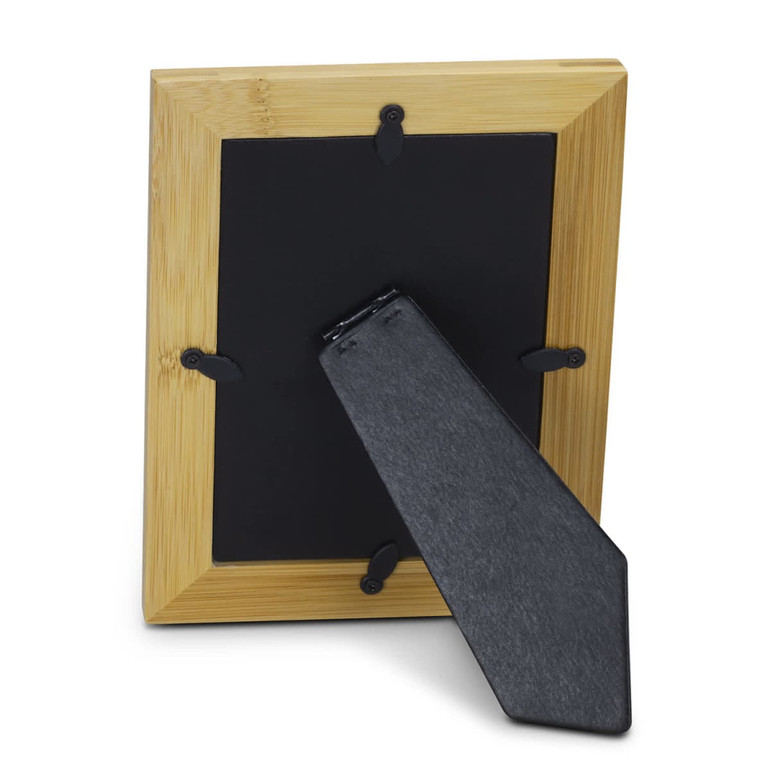 A wooden photo frame in a natural finish, featuring a sturdy stand and a backing panel. It has a logo.