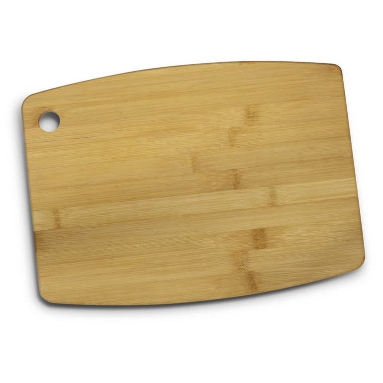 A bamboo chopping board in a natural wood colour with a rounded edge and a hole for hanging.
