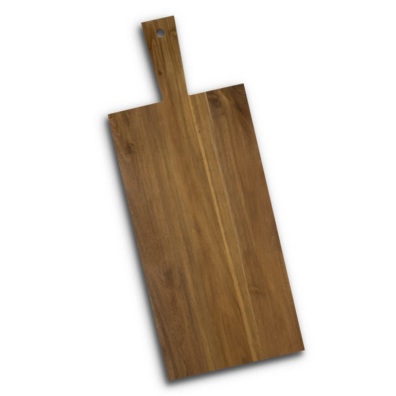 A wooden chopping board with a handle, featuring a smooth, natural finish in a warm brown hue.