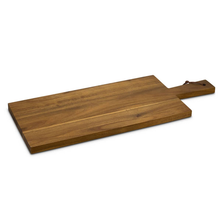 A wooden chopping board in a warm brown hue with a rectangular shape and a handle. Features a small leather loop.