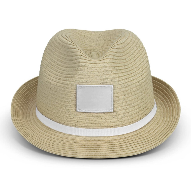 A straw fedora hat in light beige with a white band, featuring a blank patch for branding.