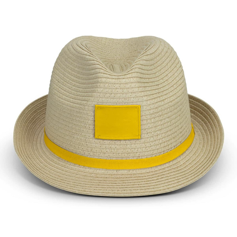 A beige fedora hat with a yellow band and a blank patch for branding.
