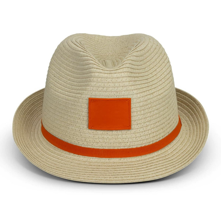 A straw fedora hat in light beige with an orange band and a blank area for branding.