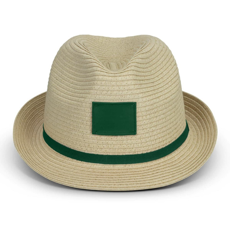A tan fedora hat featuring a green band and a square patch area for branding.