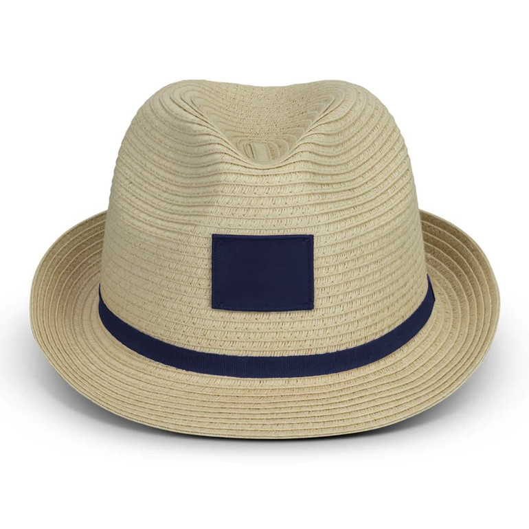 A straw fedora hat in beige, featuring a navy blue ribbon band and a solid patch area on the front.