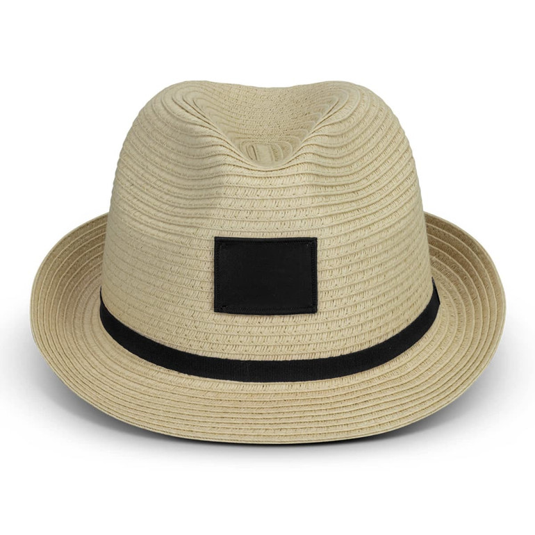 A beige fedora hat with a black band and a blank patch on the front.