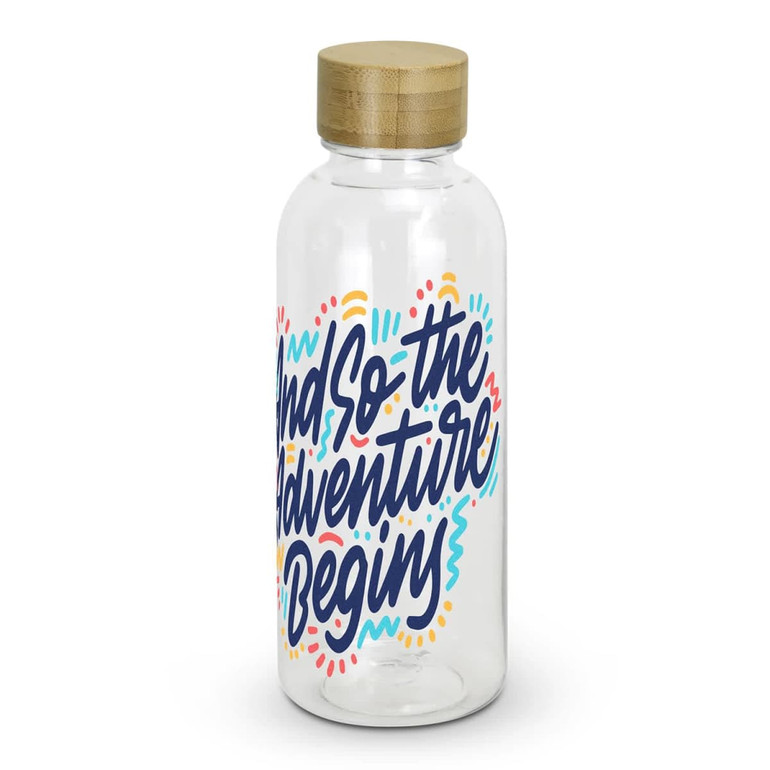 A drink bottle with a transparent body, colourful text design, and a wooden lid. It features a logo.