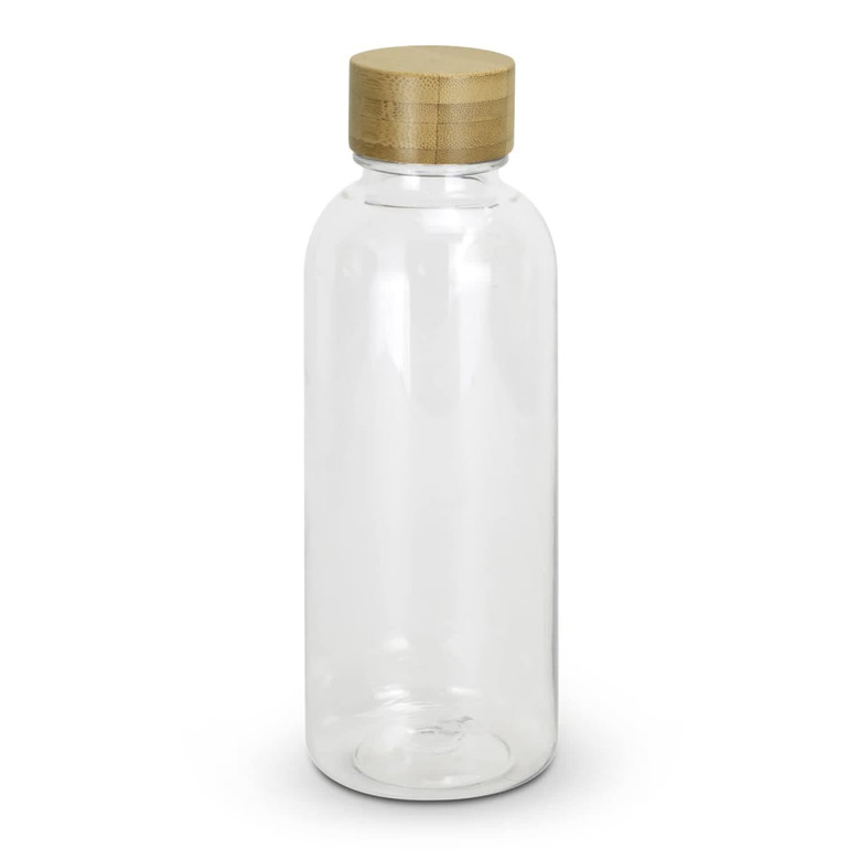 A drink bottle made of clear material with a wooden lid. It features a simple, sleek design.