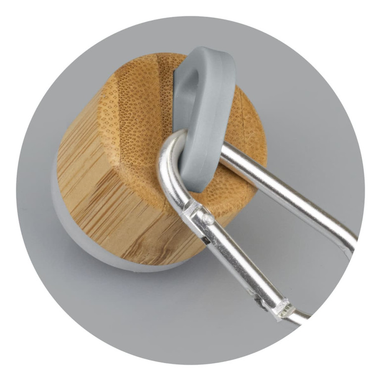 A drink bottle with a bamboo base and a grey carabiner, featuring a round design. The bottle has a metallic finish.