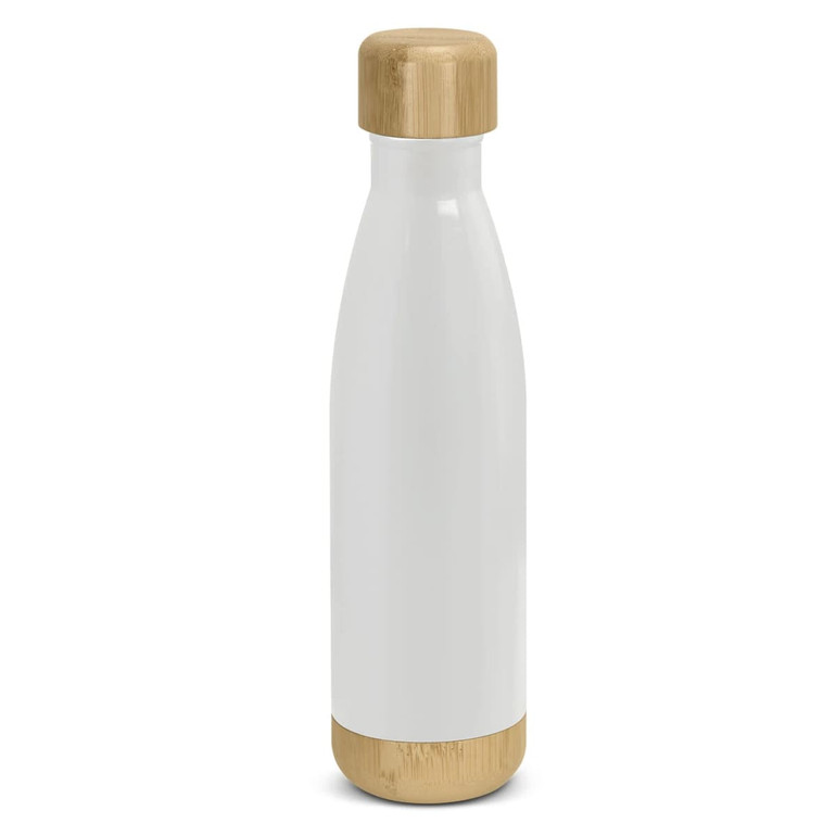 A drink bottle featuring a sleek white design with bamboo accents on the top and bottom. It has a logo.