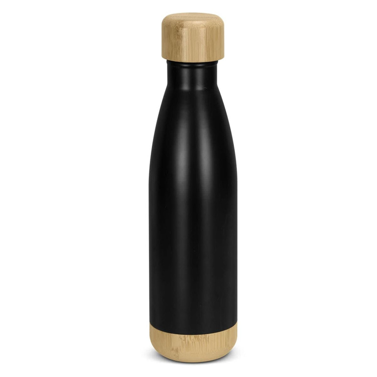 A drink bottle featuring a sleek black design with a bamboo base and wooden lid.