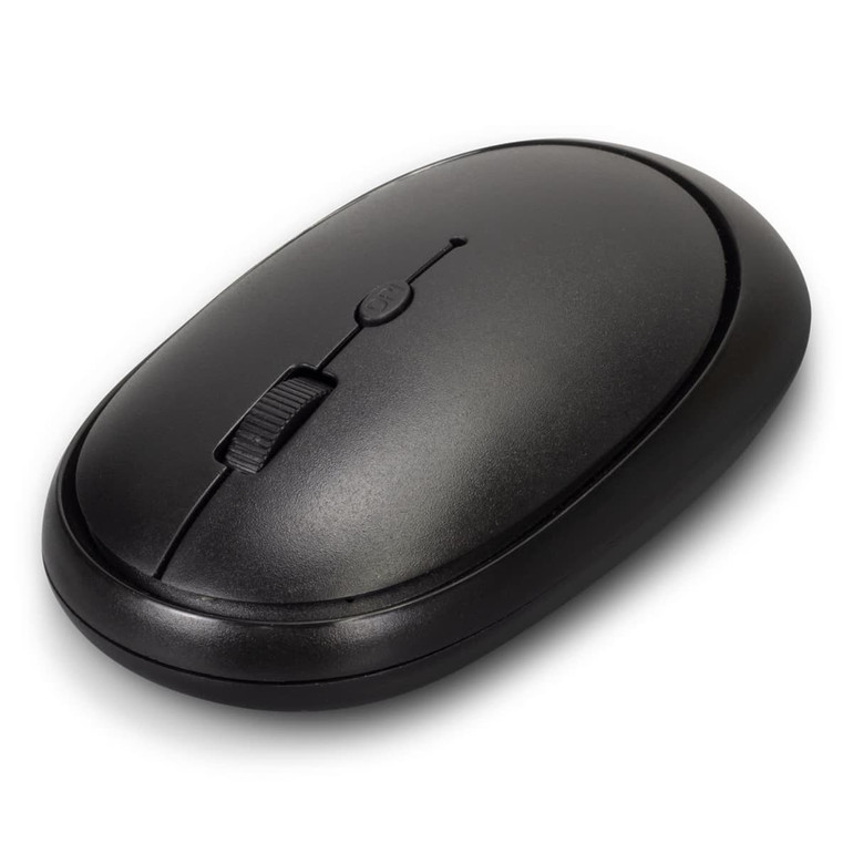 A black wireless travel mouse featuring a scroll wheel and a smooth ergonomic design. It has a logo on the surface.