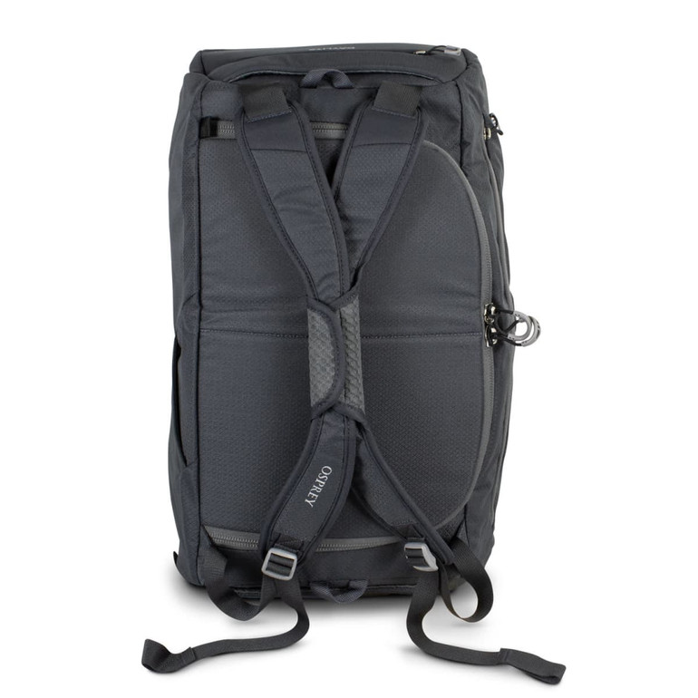 A black duffle bag with adjustable straps and a textured surface, featuring a logo.