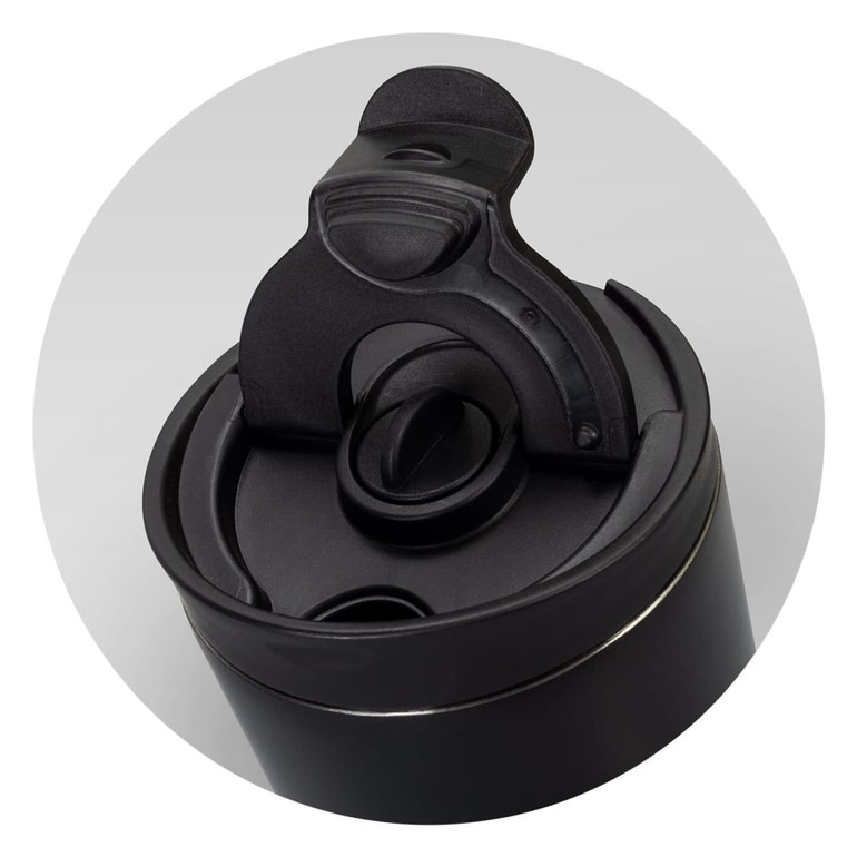 A drink bottle featuring a black vacuum cup design and a secure flip-top lid with a spout opening.