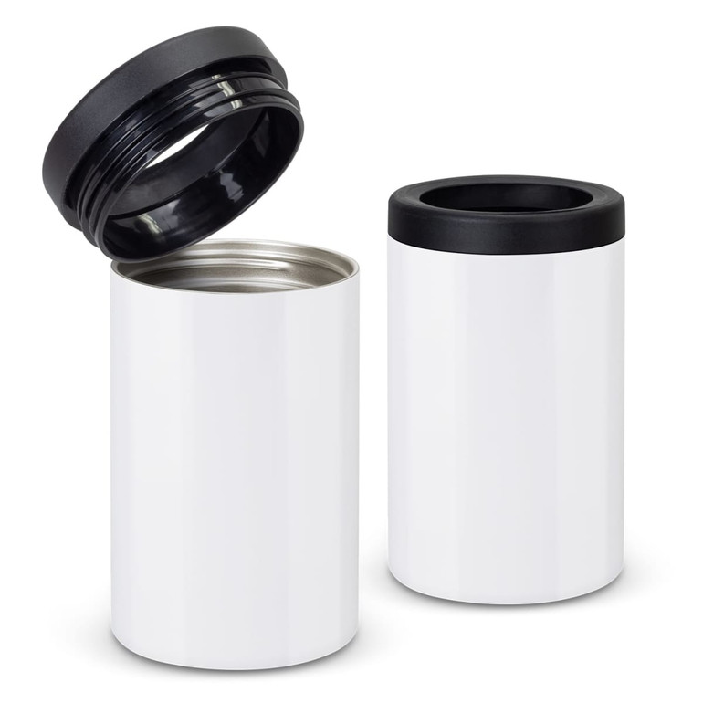 A drink bottle in white with a black lid and a second black top, designed for insulation.