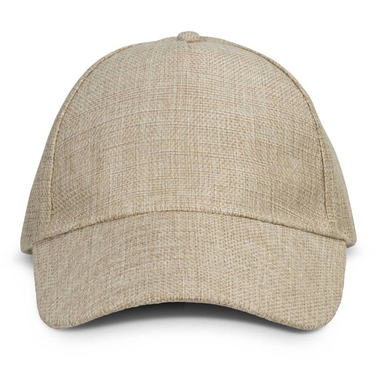 A beige cap with a textured fabric and a curved brim. The cap features a branding logo.