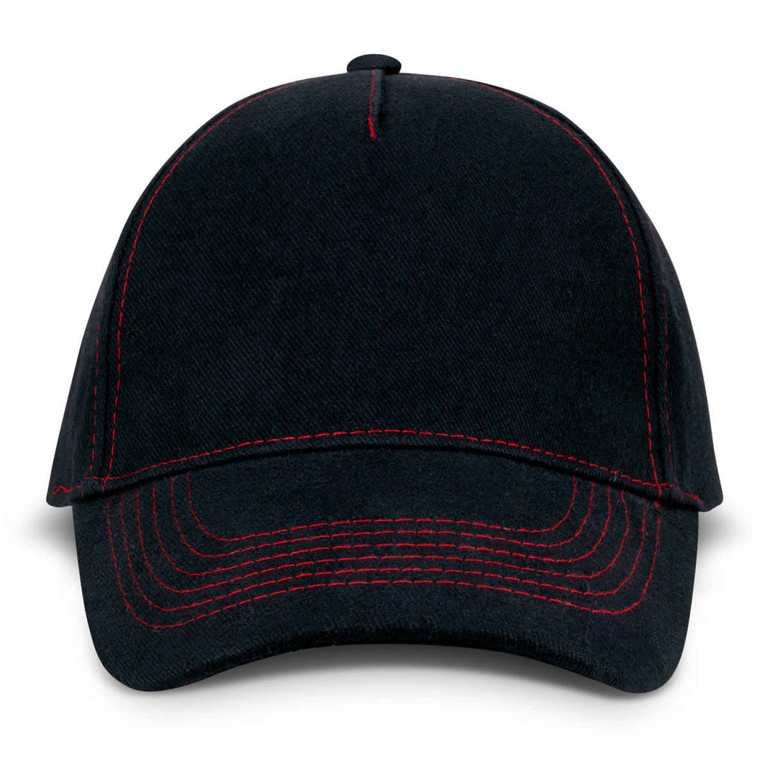 A black cap with red stitching, featuring a curved brim and a logo on the front.