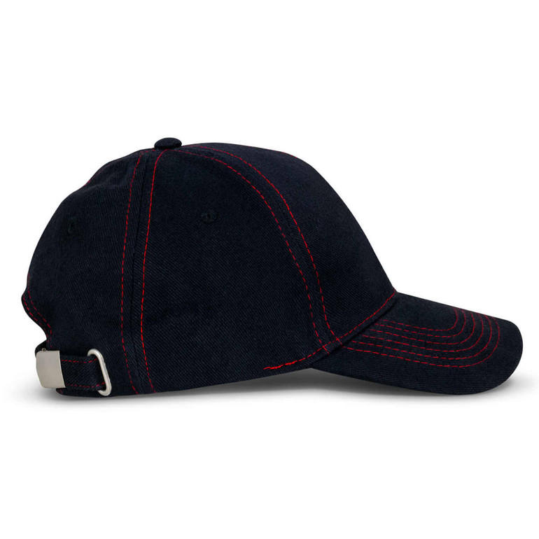 A black cap with red stitching, featuring a curved brim and an adjustable strap at the back.